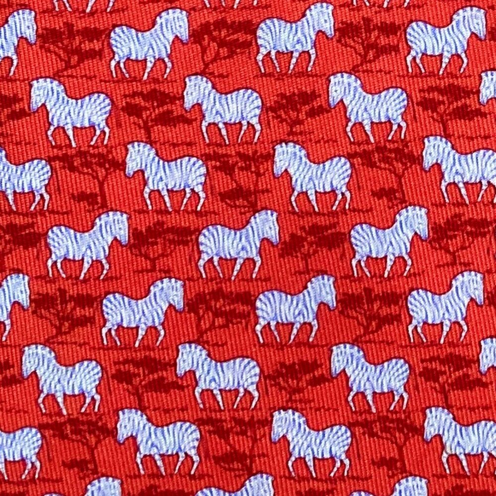 AWESOME! HERMES TIE ~ BRIGHT CHERRY RED FUN BLUE & WHITE AFRICAN ZEBRAS TREES XL - Picture 4 of 5